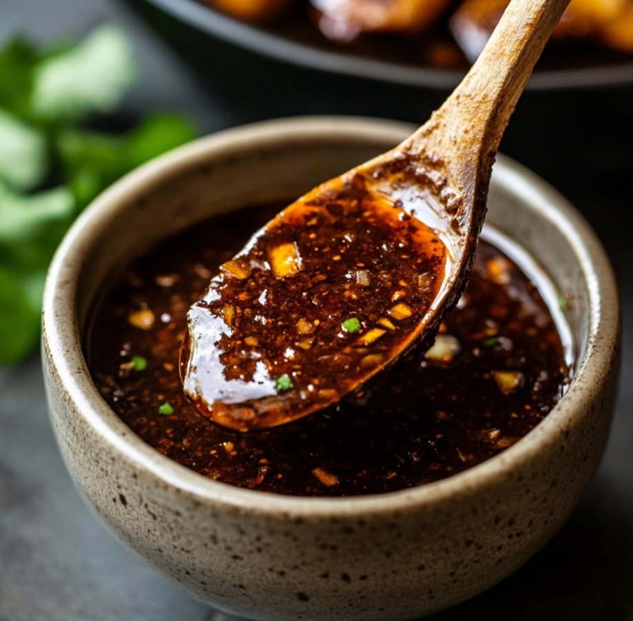 Smoky adobo sauce in a bowl surrounded by dried chili peppers and garlic.