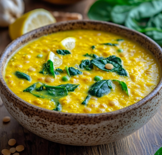 Bowl of golden turmeric lentil soup garnished with spinach and lemon slices.