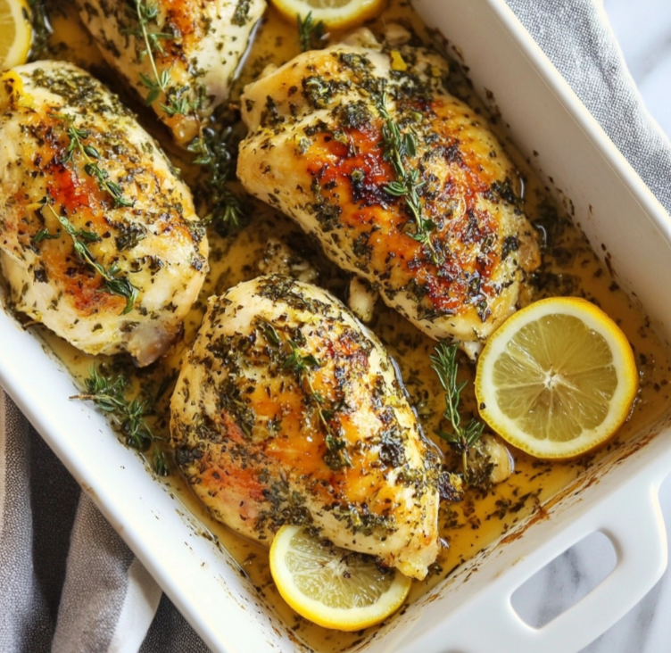 Thin sliced chicken breasts baked with fresh herbs, lemon slices, and a light garlic butter sauce in a white casserole dish.