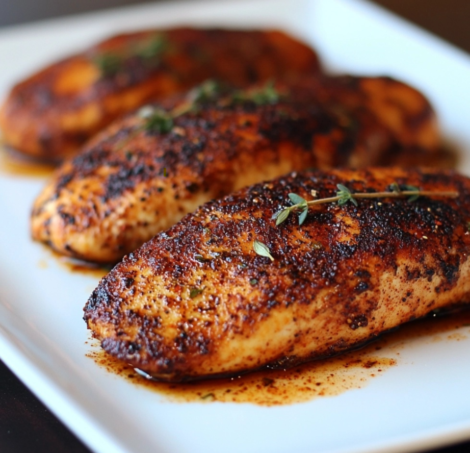 Blackened chicken breasts with a crispy char served alongside fresh vegetables