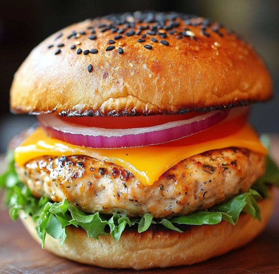 Juicy chicken burger with fresh lettuce, tomato, and cheese, served with fries.