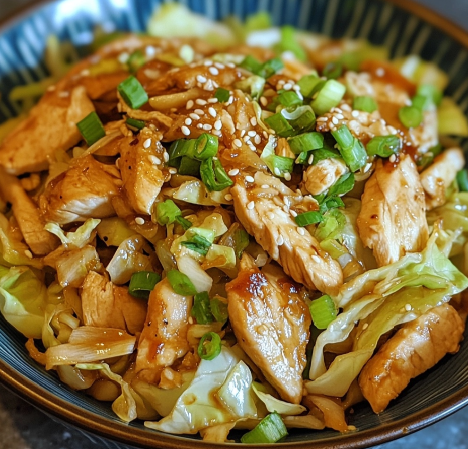 A stir-fried chicken and cabbage dish served in a bowl.