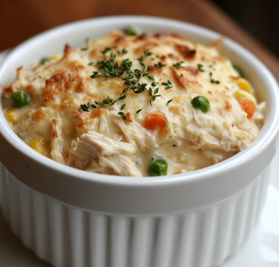 A baked chicken cobbler with golden biscuit topping served in a casserole dish.