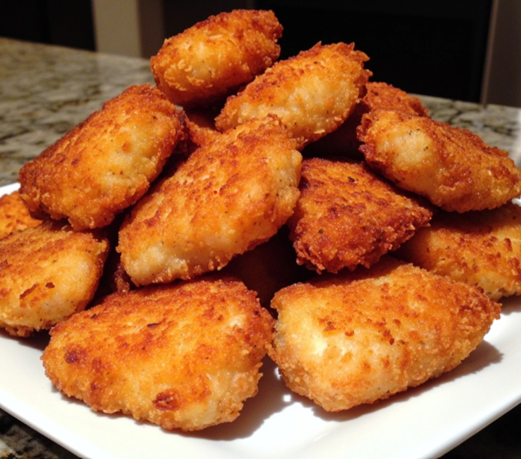 Homemade chicken nuggets served with dipping sauces and a side of fries on a white plate.