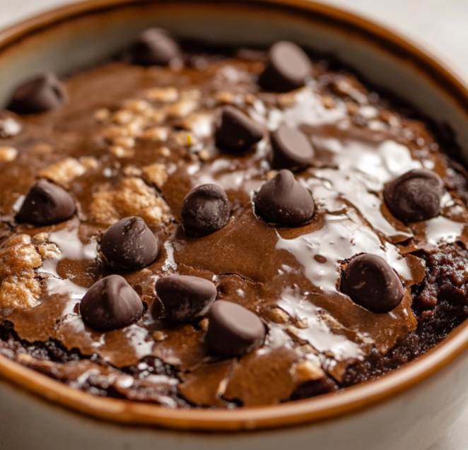 Gooey chocolate cobbler served in a bowl with vanilla ice cream on top.