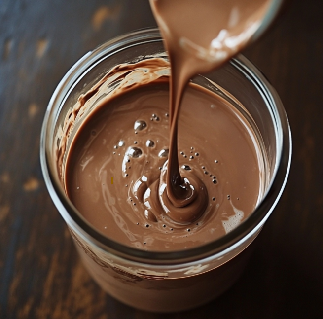 Glass of rich homemade chocolate milk served with a straw and cocoa powder garnish.