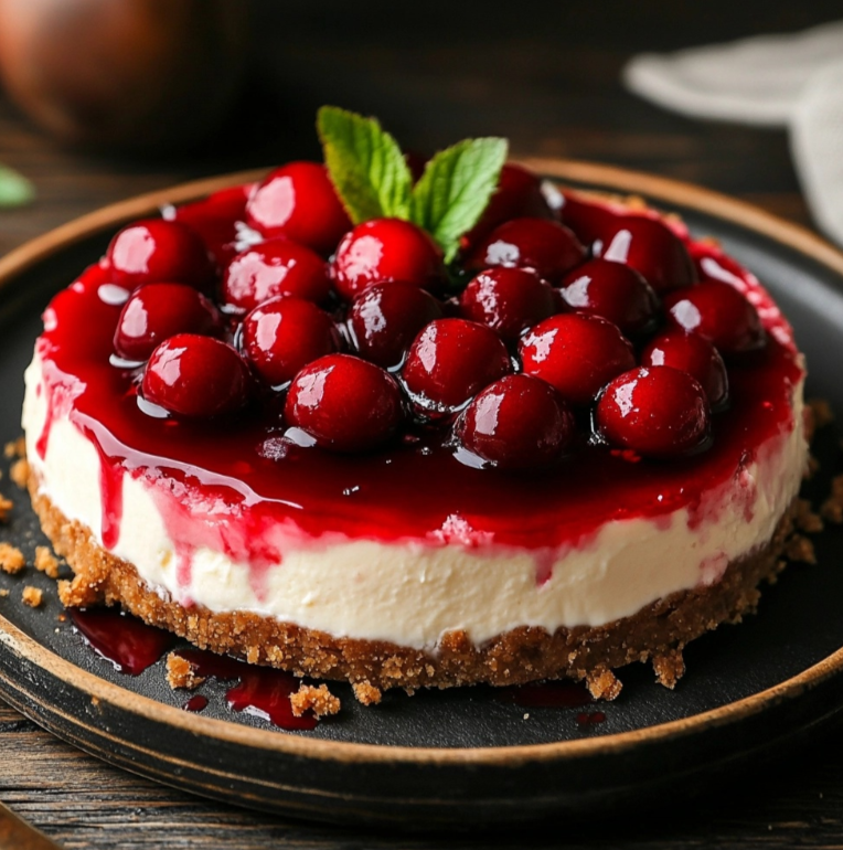 Classic cherry cheesecake with a creamy filling and cherry topping.