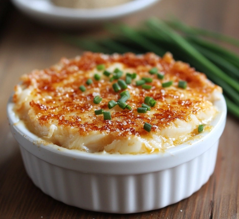 A ramekin of crab brulee with a caramelized crust, garnished with fresh chives.