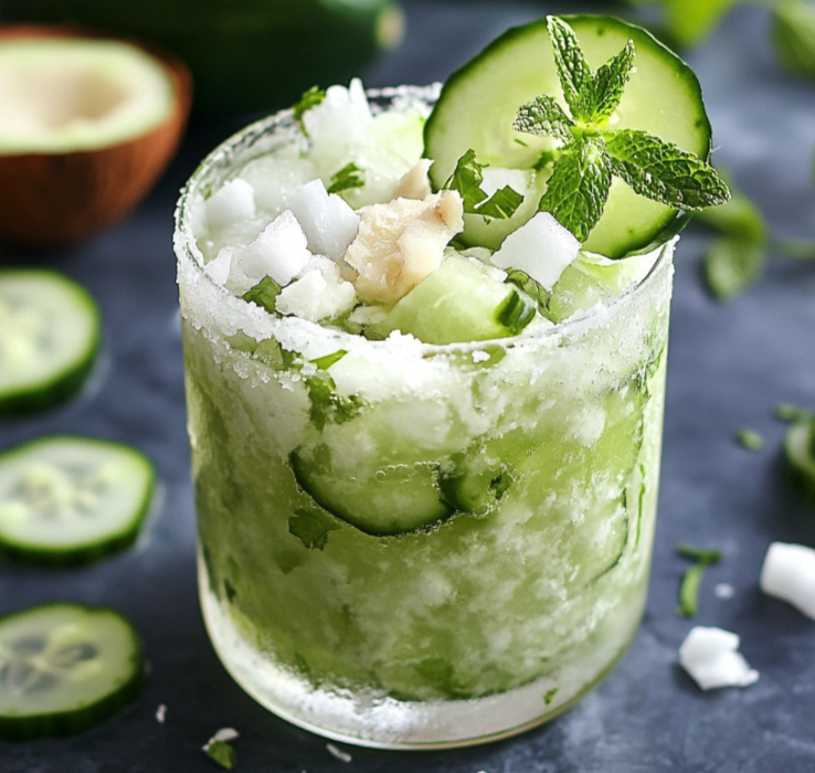 Refreshing cucumber coconut rehydrate drink in a glass, garnished with lime slices and fresh mint.