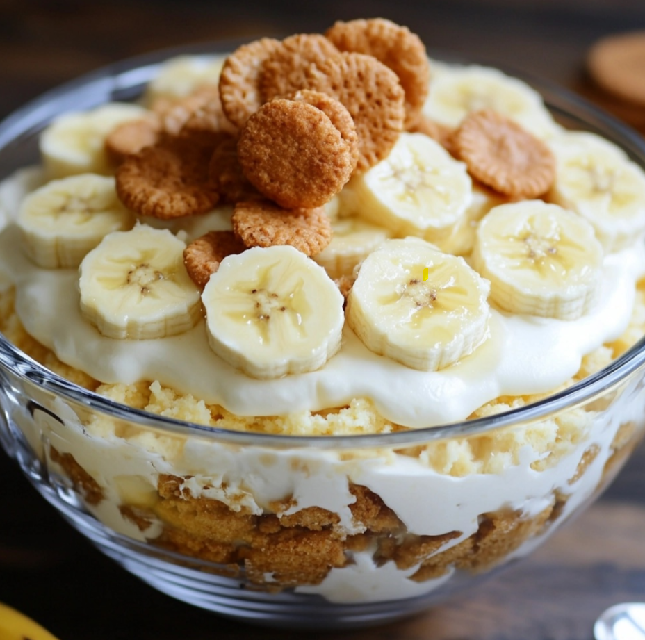 Creamy banana pudding layered with vanilla wafers and fresh banana slices.