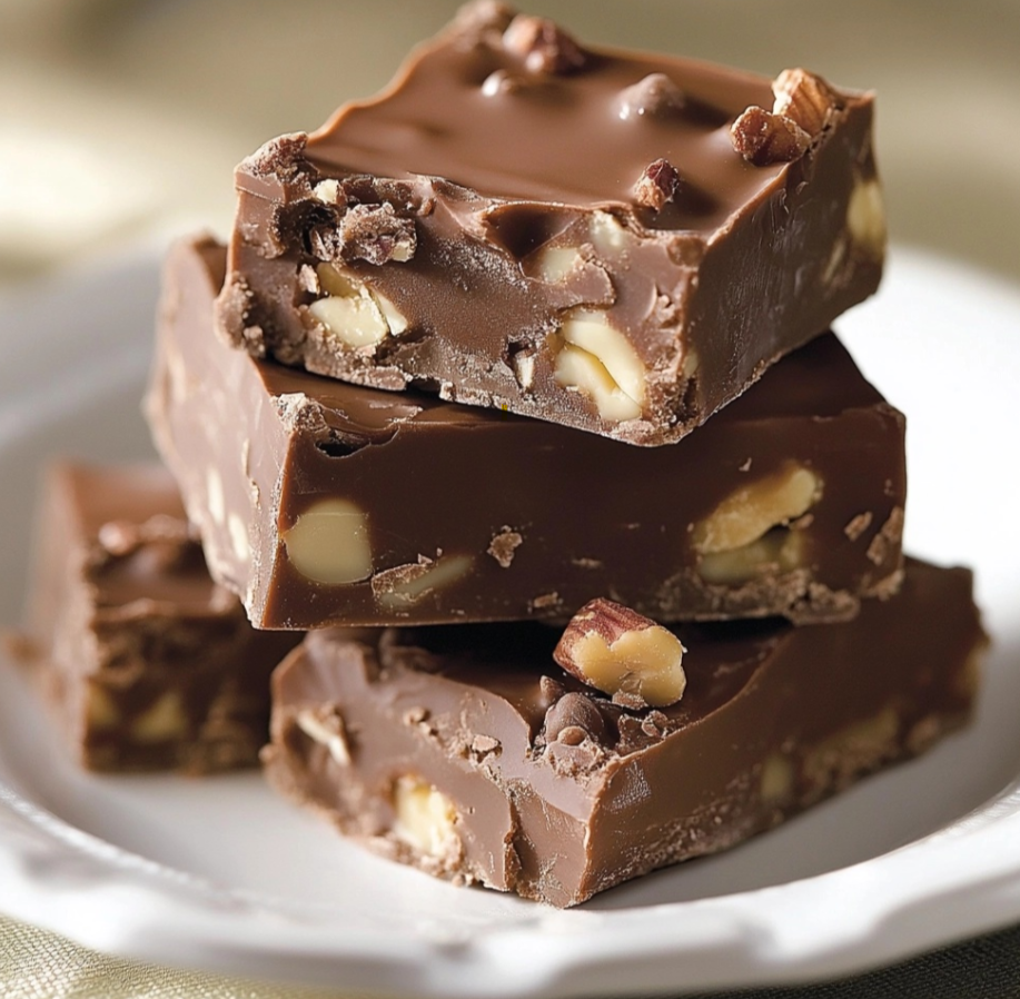 Classic chocolate fudge and peanut brittle on a serving plate.