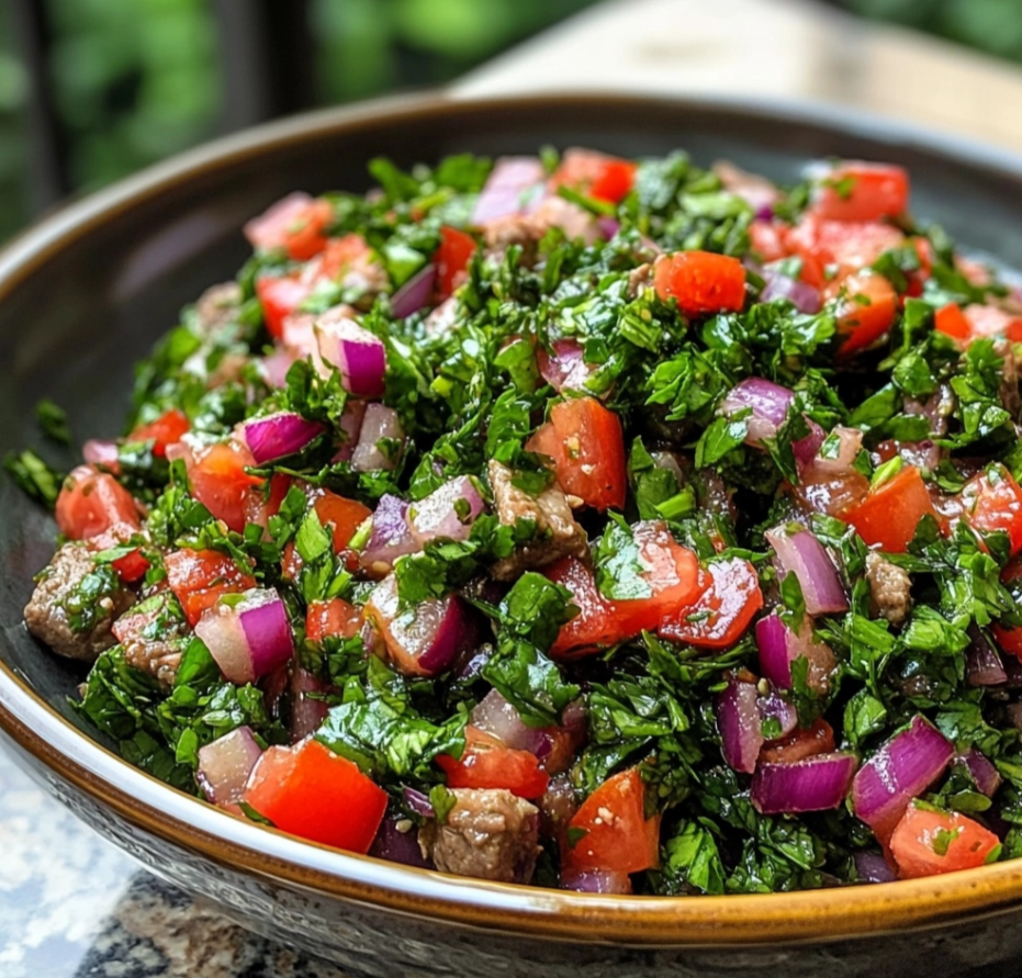 Fresh chimichurri sauce in a bowl with parsley and garlic.