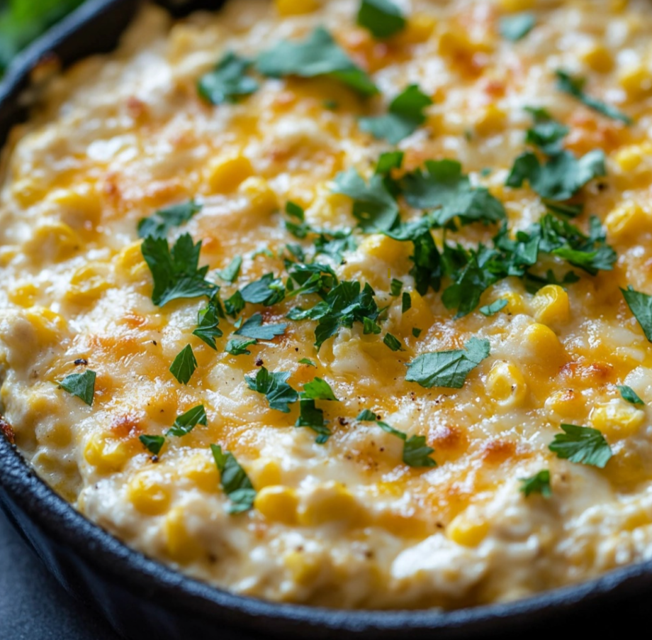 A creamy corn dip with melted cheese and green onions, served with tortilla chips.