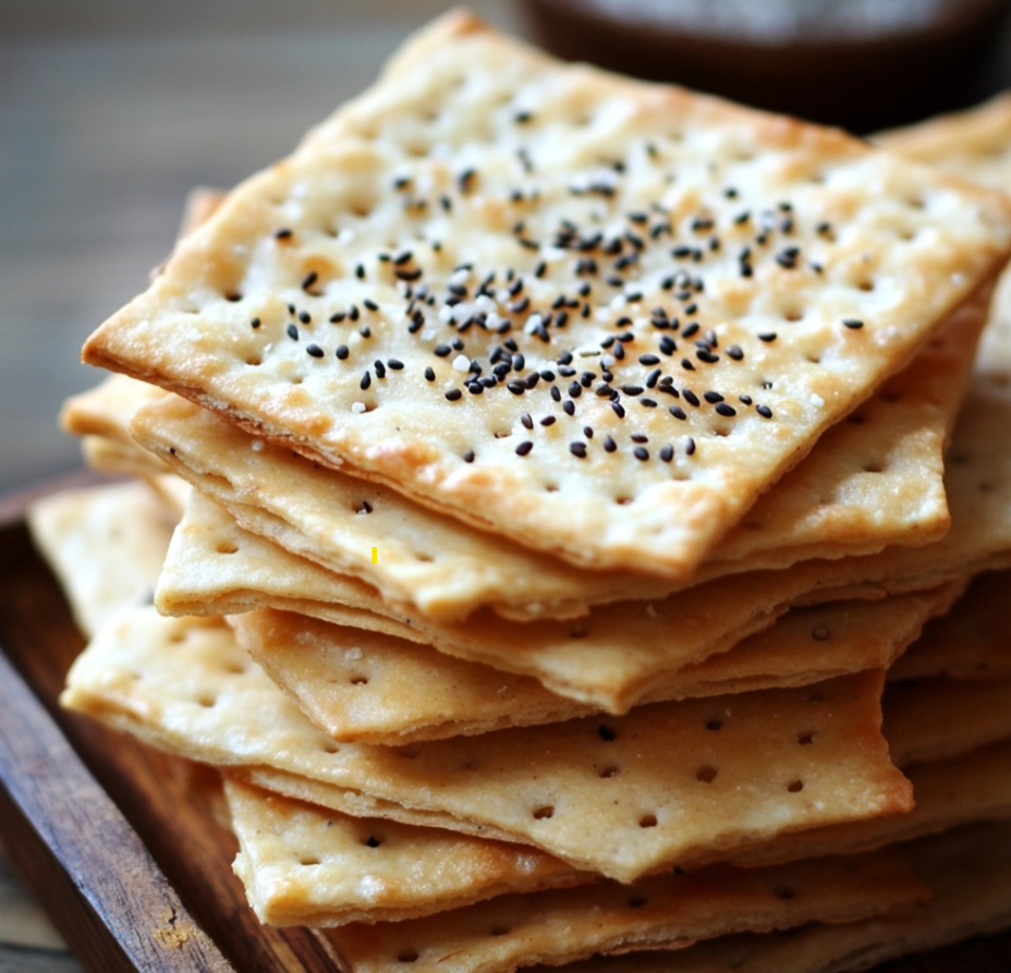 Homemade crackers served with cheese and dips on a wooden platter.