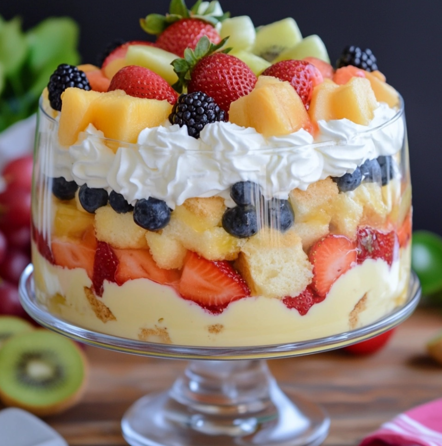 A layered trifle with cake, custard, berries, and whipped cream.