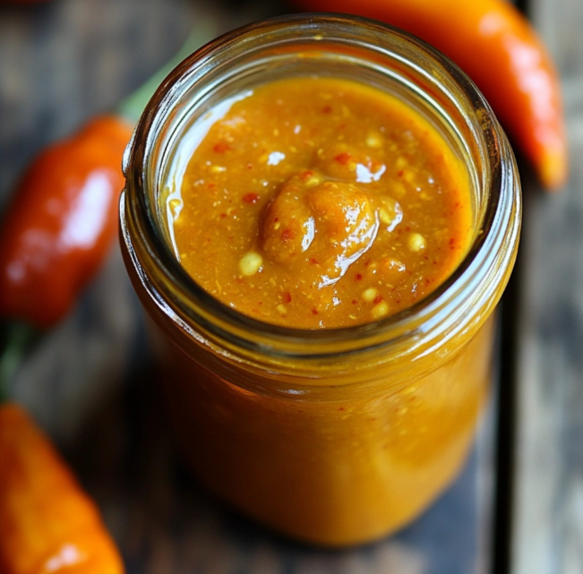 Habanero hot sauce in a glass jar with fresh peppers and lime slices around it.