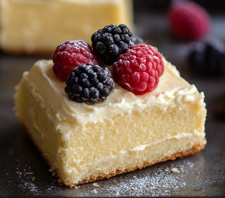 Moist kefir sheet cake topped with creamy frosting, served on a tray with a slice ready to eat.