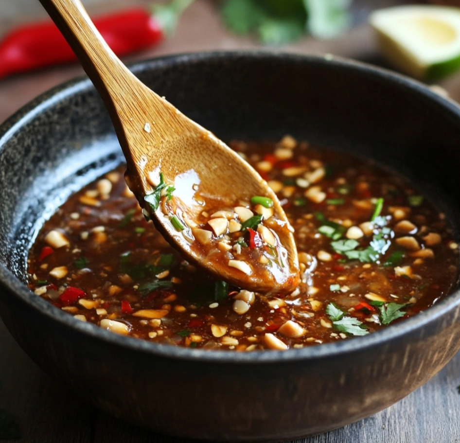 Authentic Pad Thai sauce in a small bowl with fresh tamarind and lime.