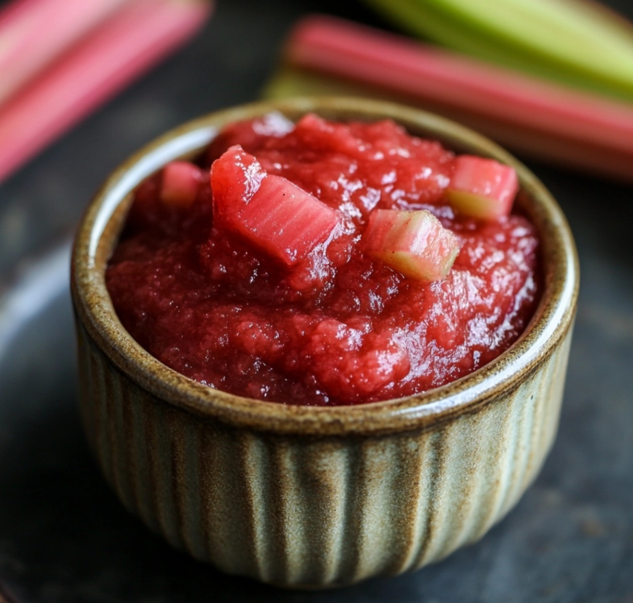 A bowl of homemade rhubarb sauce with fresh rhubarb stalks on the side.