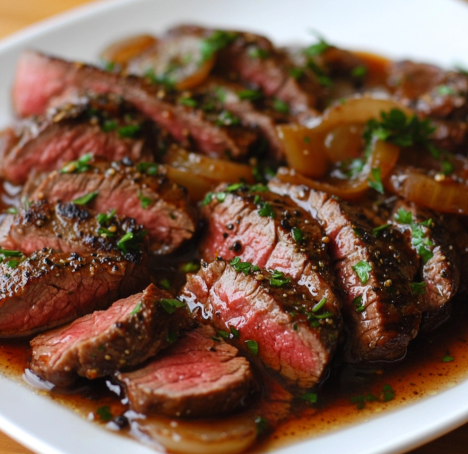 Juicy round steak served with mashed potatoes and green beans.