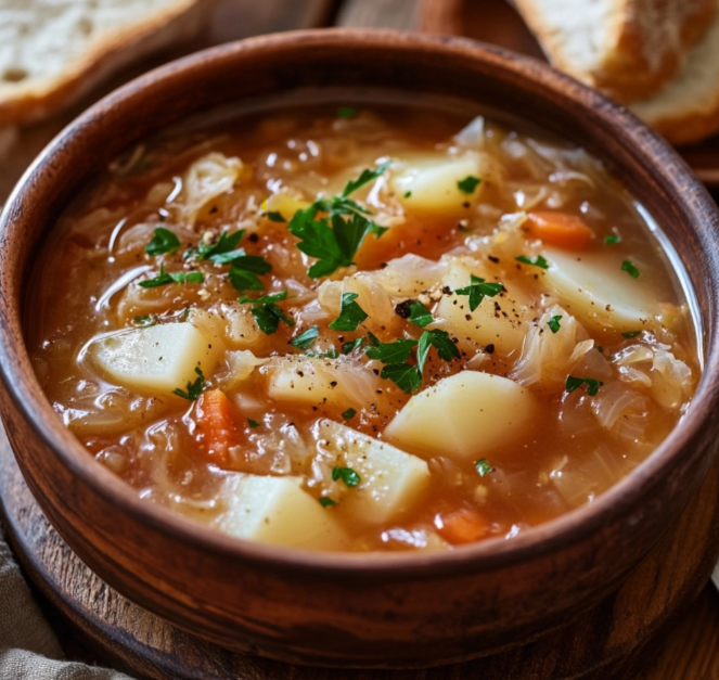 Bowl of tangy sauerkraut soup garnished with fresh parsley, served with a slice of crusty bread.