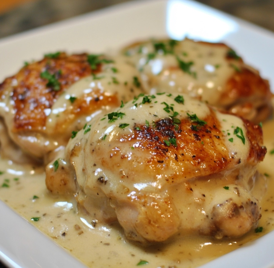 Smothered chicken thighs in a creamy gravy served with mashed potatoes and green beans.