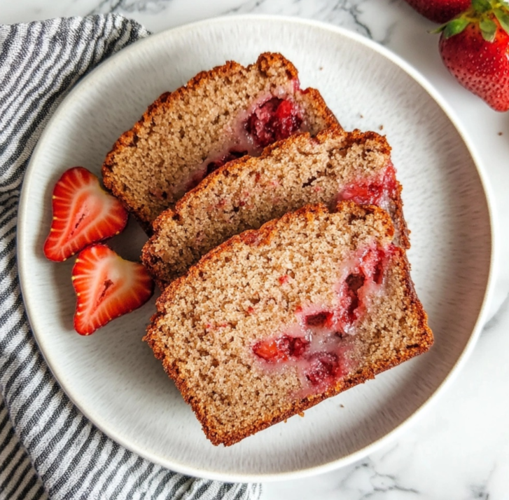 A freshly baked loaf of strawberry bread, sliced to reveal chunks of fresh strawberries, served with a cup of tea.