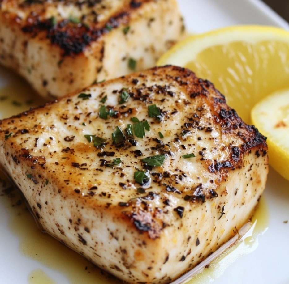 Grilled swordfish steaks garnished with lemon wedges and herbs.