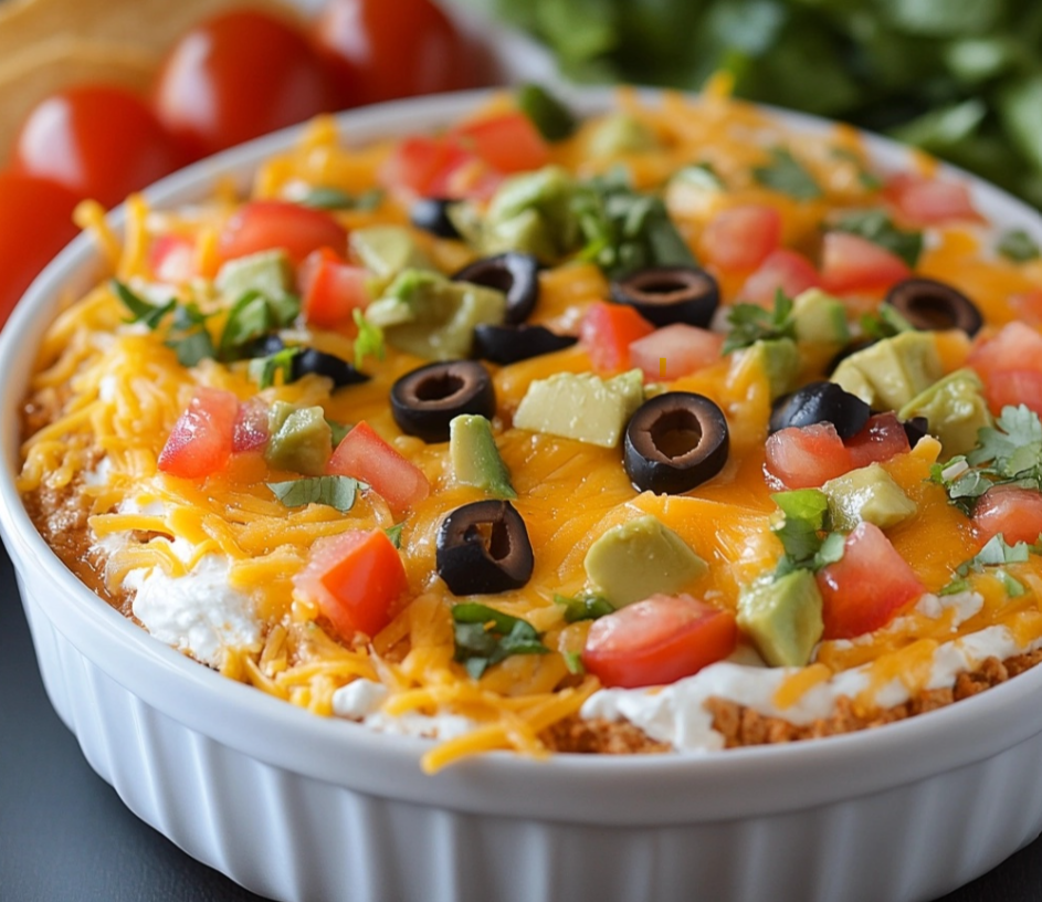 A bowl of taco dip garnished with shredded lettuce, diced tomatoes, and sliced black olives, served with tortilla chips.