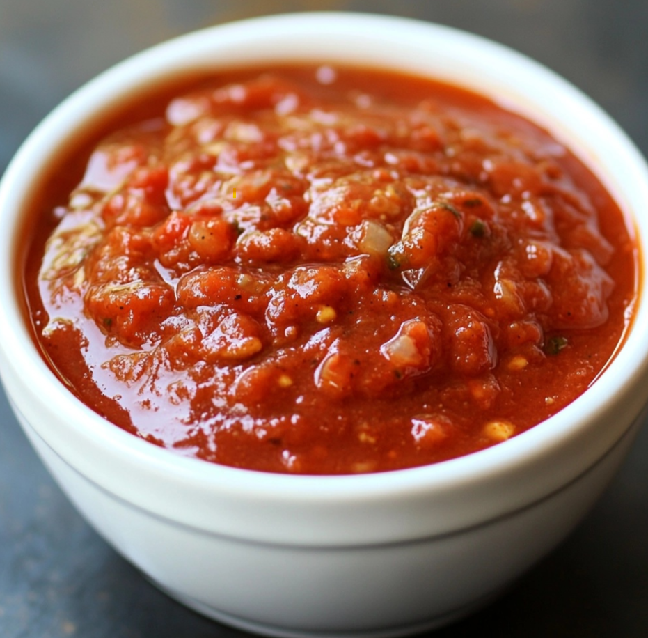 Homemade taco sauce in a small bowl surrounded by tacos and fresh cilantro.