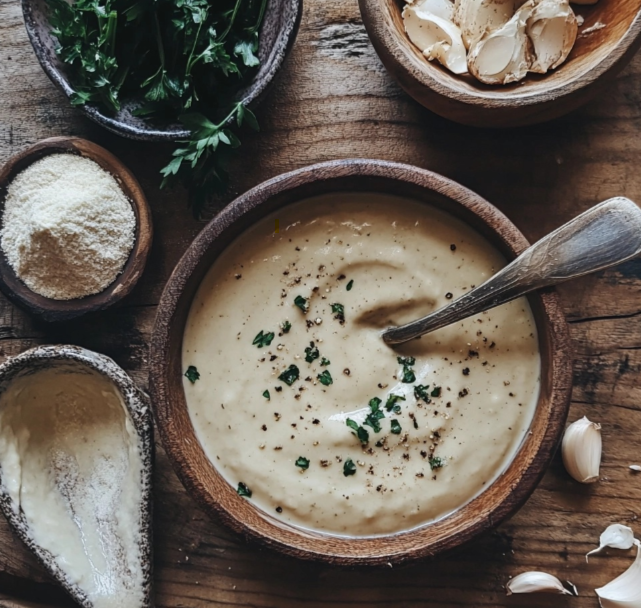 Bowl of creamy vegan Alfredo sauce garnished with parsley and served with fettuccine.