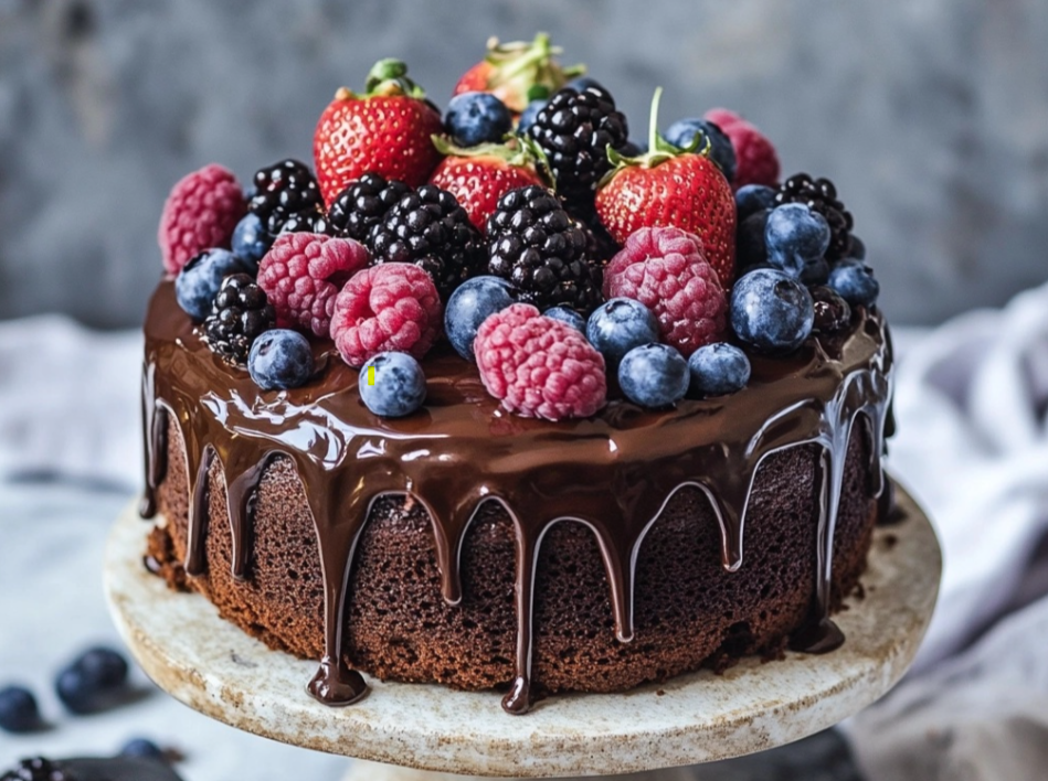 A slice of vegan chocolate cake topped with fresh berries and a drizzle of chocolate sauce.