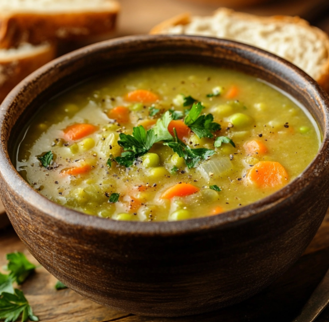 Bowl of hearty vegetarian split pea soup garnished with fresh parsley, served with whole-grain bread.