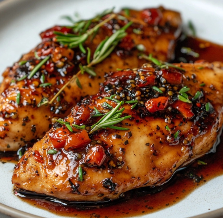 Juicy balsamic chicken breasts garnished with fresh parsley, served with roasted vegetables.