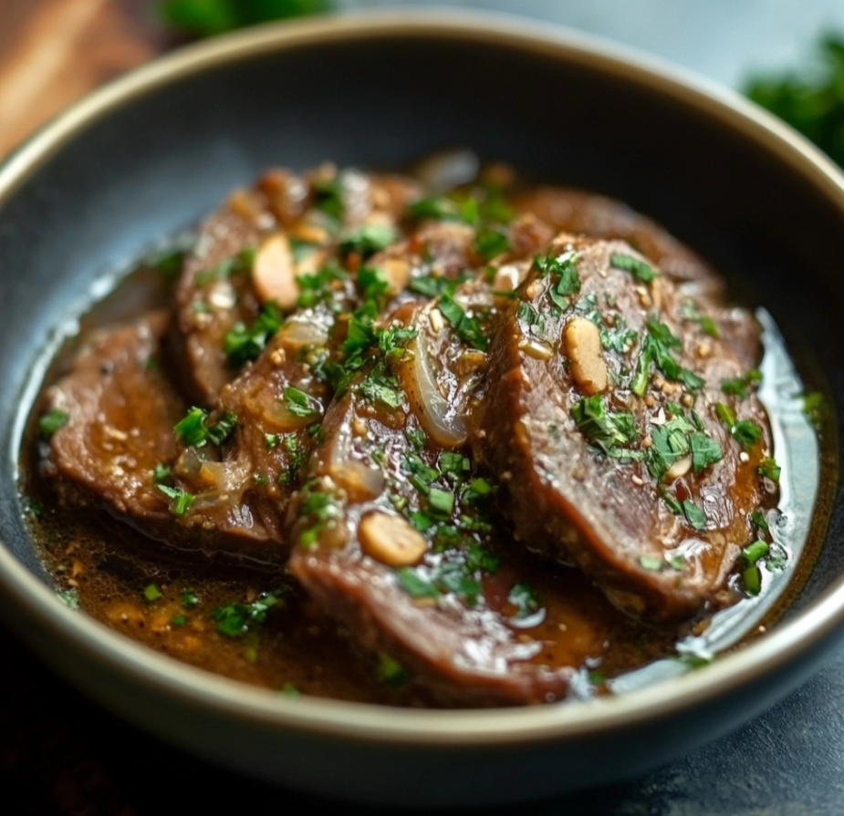 Tender sliced beef tongue served on a wooden platter with garnishes.