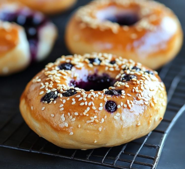 Homemade blueberry bagels with a golden crust, bursting with fresh blueberries, served on a wooden board