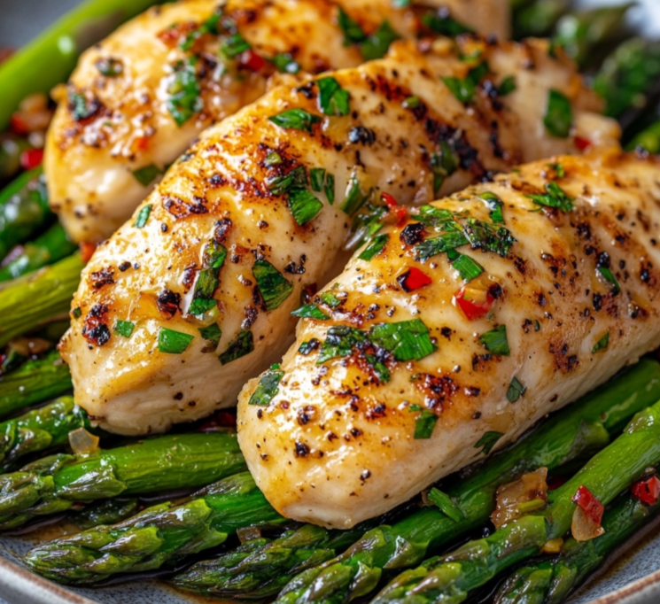 Garlic butter chicken and asparagus served in a skillet, garnished with lemon wedges.