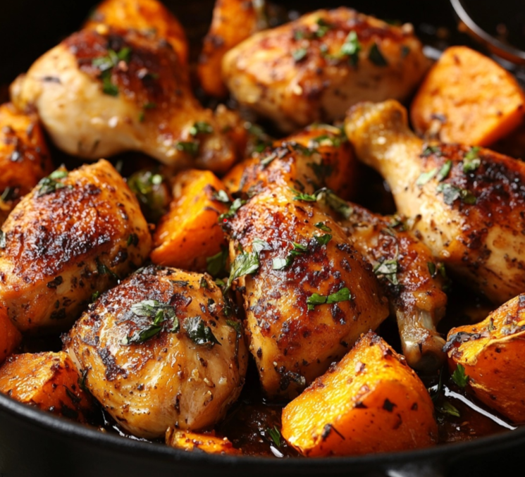 Roasted chicken thighs and sweet potatoes served on a plate with fresh rosemary.