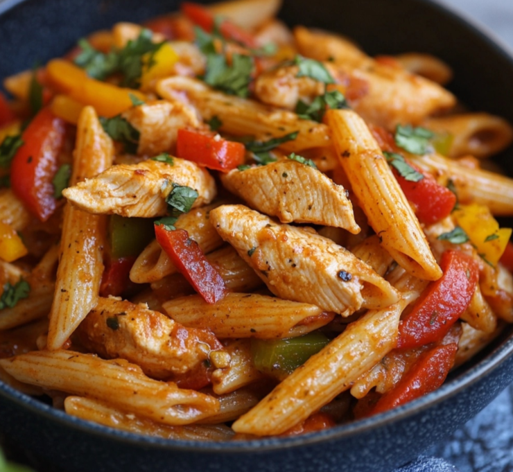 Chicken fajita pasta served in a skillet with bell peppers and garnished with cilantro.