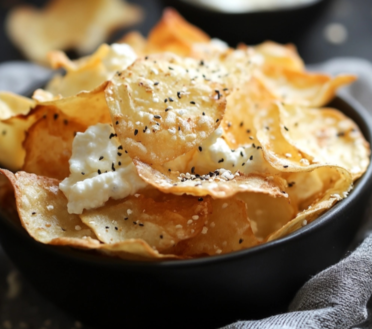 Crispy cottage cheese chips topped with creamy cottage cheese and everything bagel seasoning, served in a black bowl.