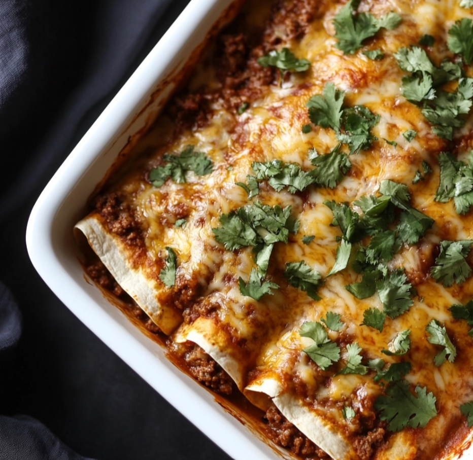 Cheesy beef enchiladas topped with melted cheese and fresh cilantro.