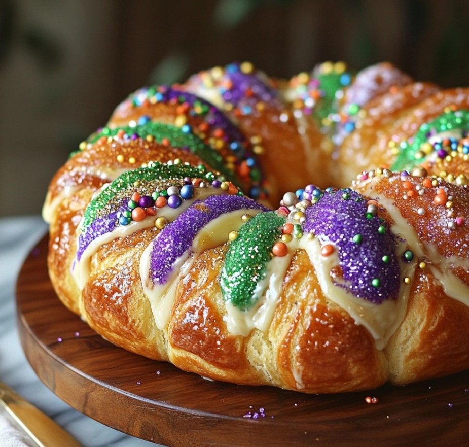 Festive king cake with colorful icing and purple, green, and gold sugar.