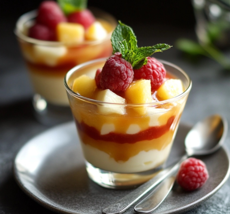 Fruir Suedoise dessert layered with yogurt, fresh raspberries, apple chunks, and mango puree, garnished with mint.