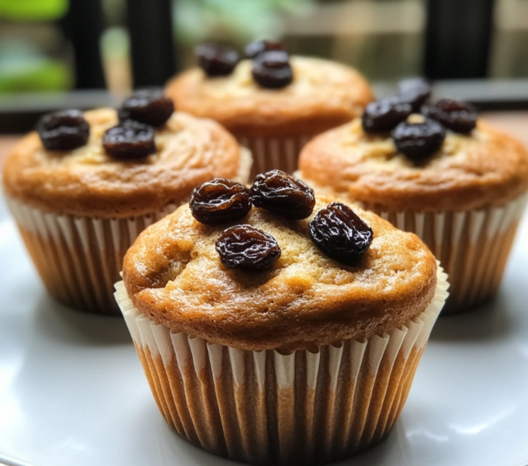 Freshly baked GAPS raisin muffins made with almond flour and naturally sweetened with honey, displayed on a wooden tray.