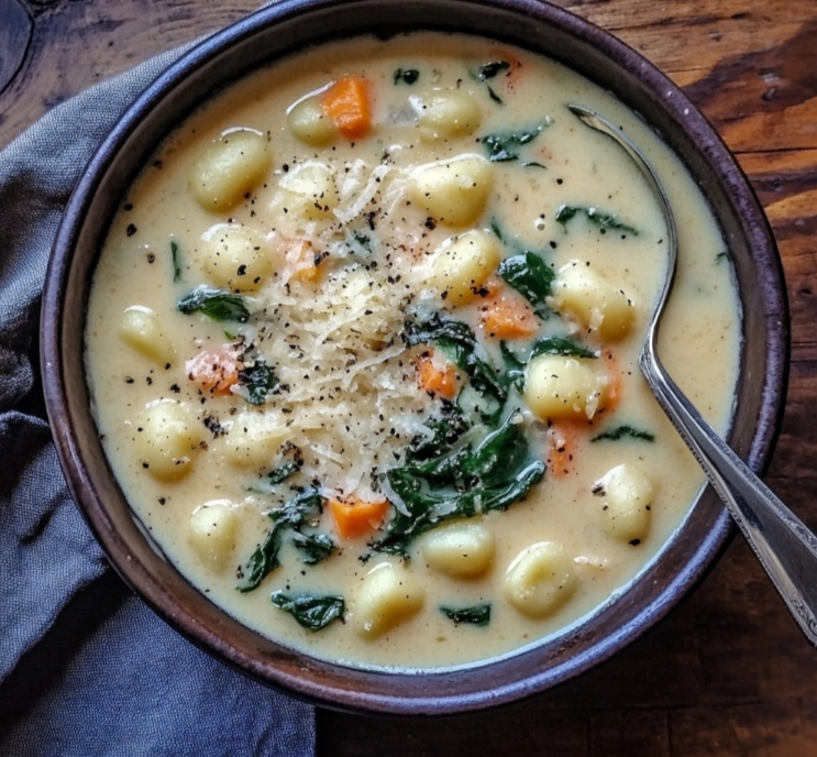 A bowl of creamy gnocchi soup with fresh spinach, tender gnocchi, and grated Parmesan cheese, served with crusty bread.