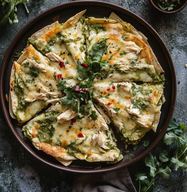 A plate of green chicken enchiladas topped with melted cheese, sour cream, and fresh cilantro, served with a side of rice.