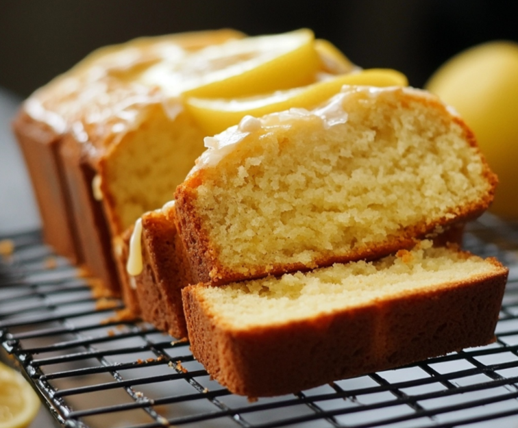 A freshly baked loaf of lemon bread topped with lemon glaze, served with a slice of lemon and a cup of tea.