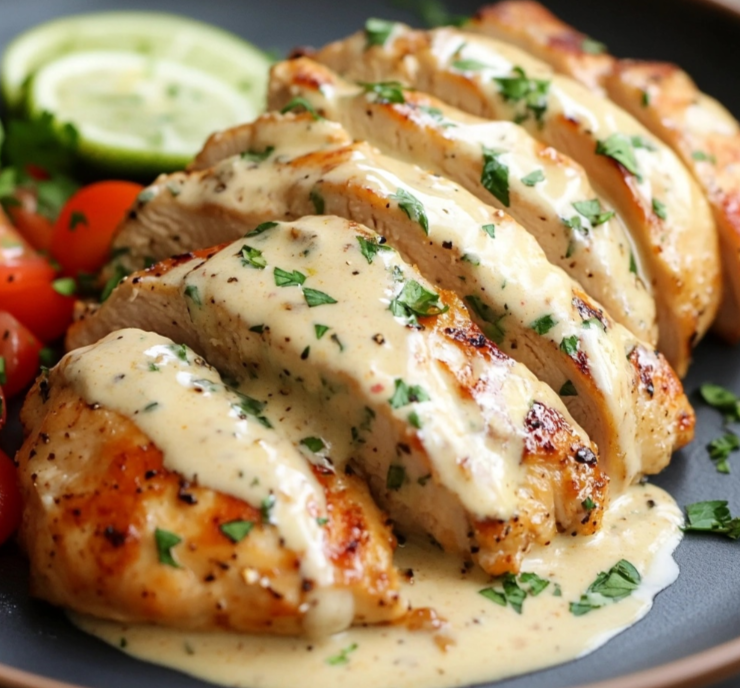 Baked mayo chicken garnished with parsley, served with roasted vegetables on a white plate.