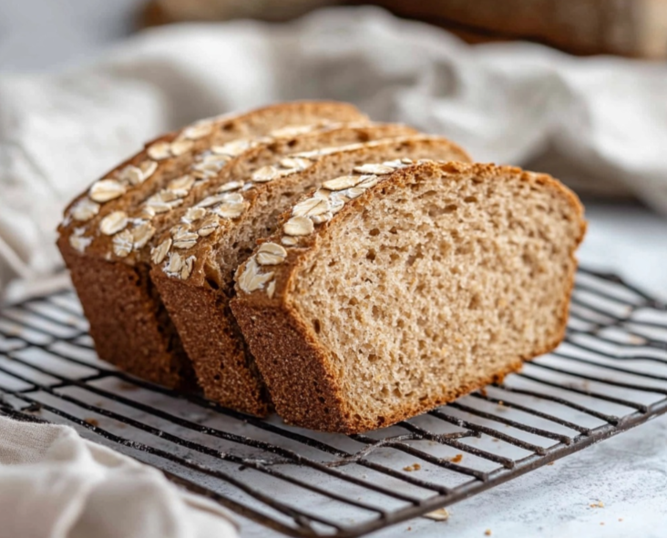 A freshly baked loaf of oat bread topped with rolled oats, served on a wooden board with butter and honey.