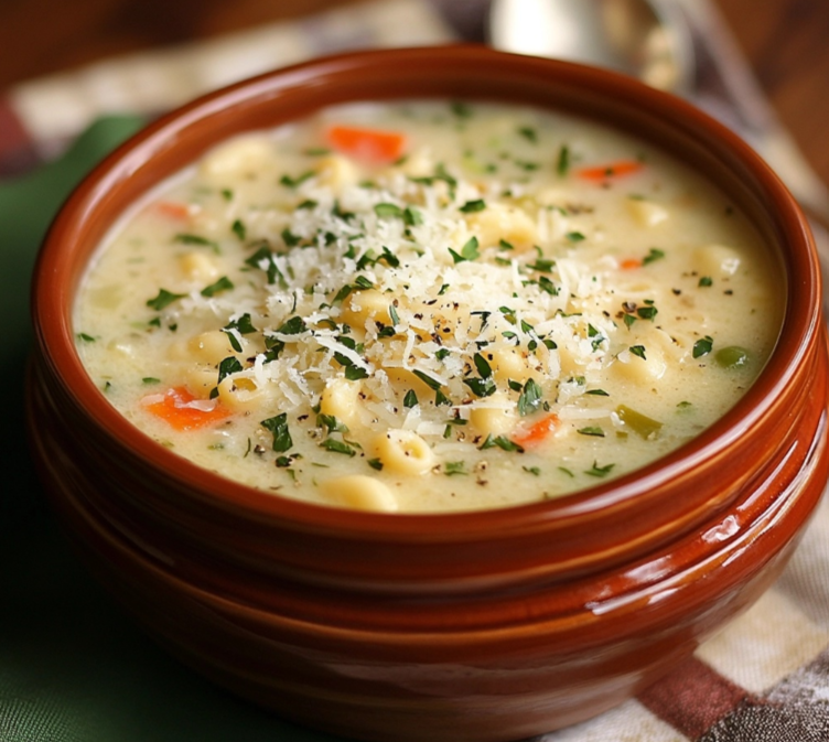 A bowl of warm pastina soup with tender pasta, vegetables, and Parmesan cheese, served with a side of crusty bread.